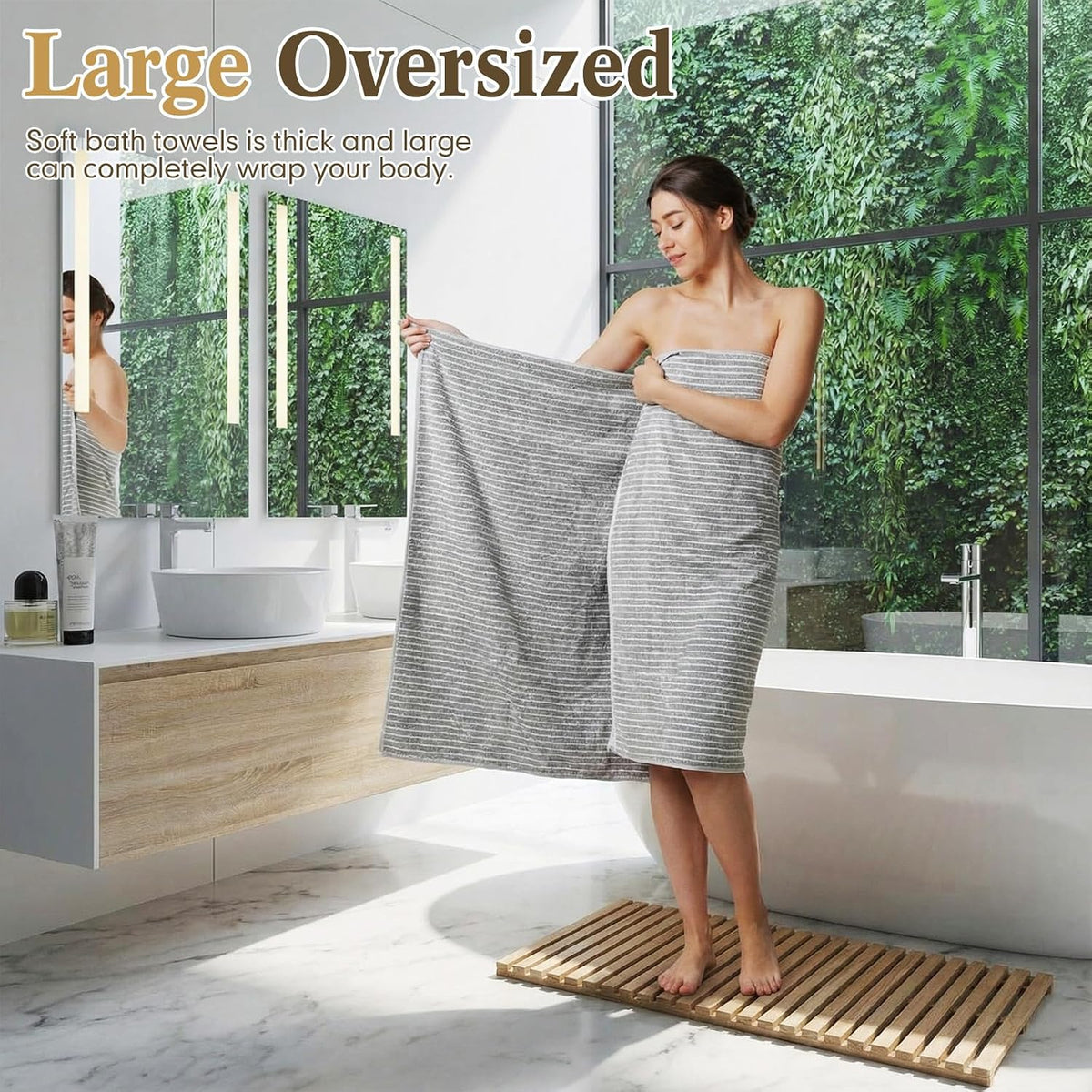 4 Pieces Extra Large Grey Striped Bath Towels Set 35 x 70 in Coral Fleece Oversized Beach Pool Bathroom Towel Highly Absorbent Soft Quick Dry Shower Bath Sheets for Hotel Spa