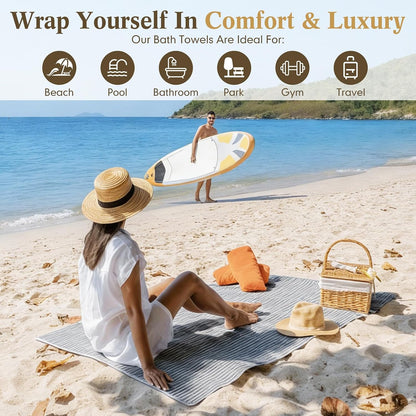 4 Pieces Extra Large Grey Striped Bath Towels Set 35 x 70 in Coral Fleece Oversized Beach Pool Bathroom Towel Highly Absorbent Soft Quick Dry Shower Bath Sheets for Hotel Spa