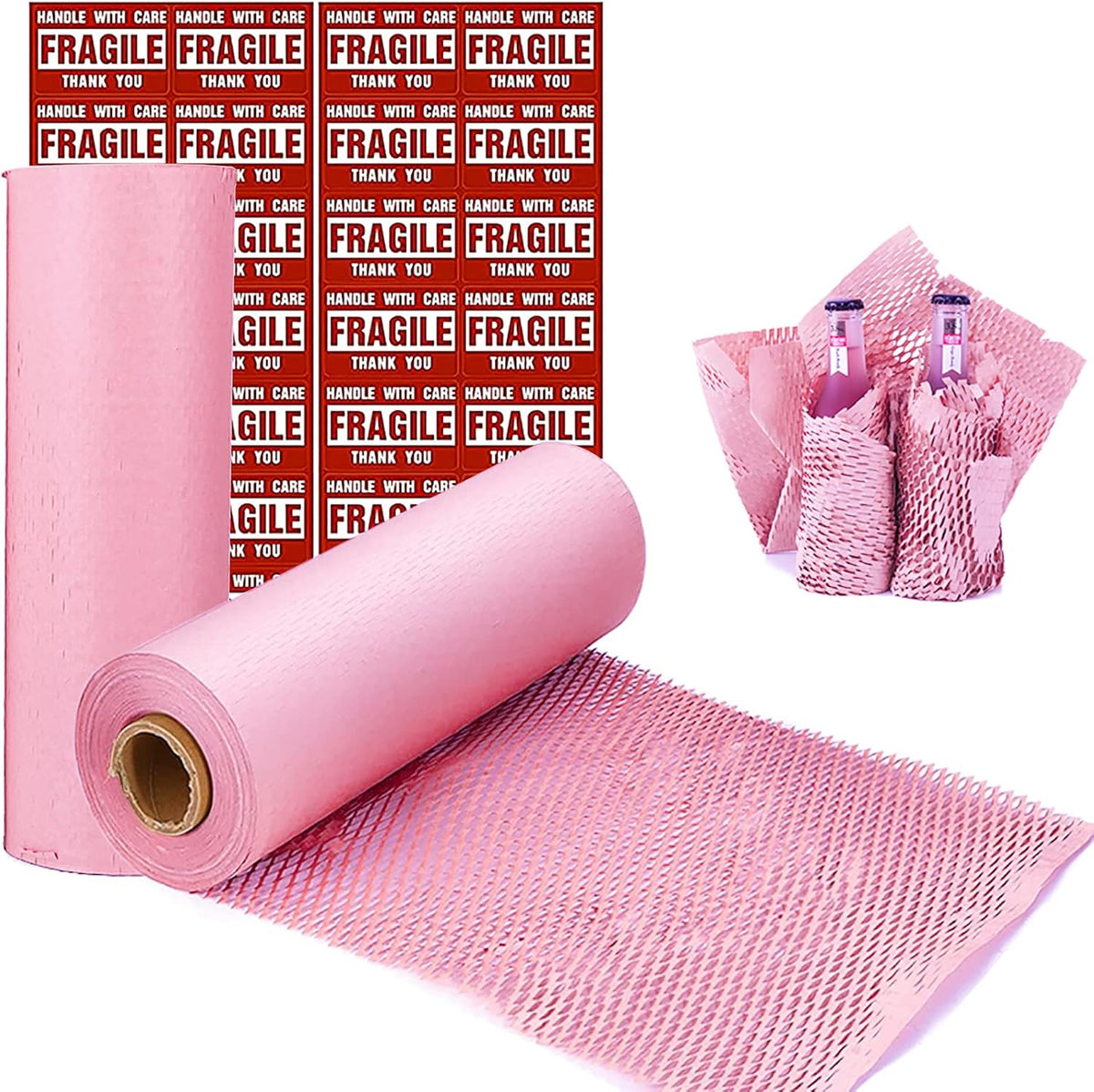 Pink Honeycomb Wrapping Paper Wrap 15"x131' Sustainable Alternative to Bubble Wrap for Moving/Transporting/Packaging Rolls with 20 Fragile Stickers Biodegradable and Fully Recyclable…