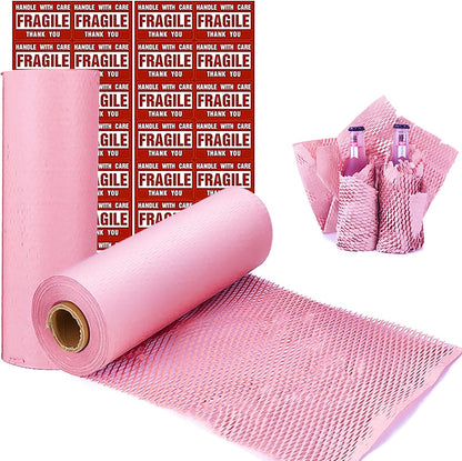 Pink Honeycomb Wrapping Paper Wrap 15"x131' Sustainable Alternative to Bubble Wrap for Moving/Transporting/Packaging Rolls with 20 Fragile Stickers Biodegradable and Fully Recyclable…