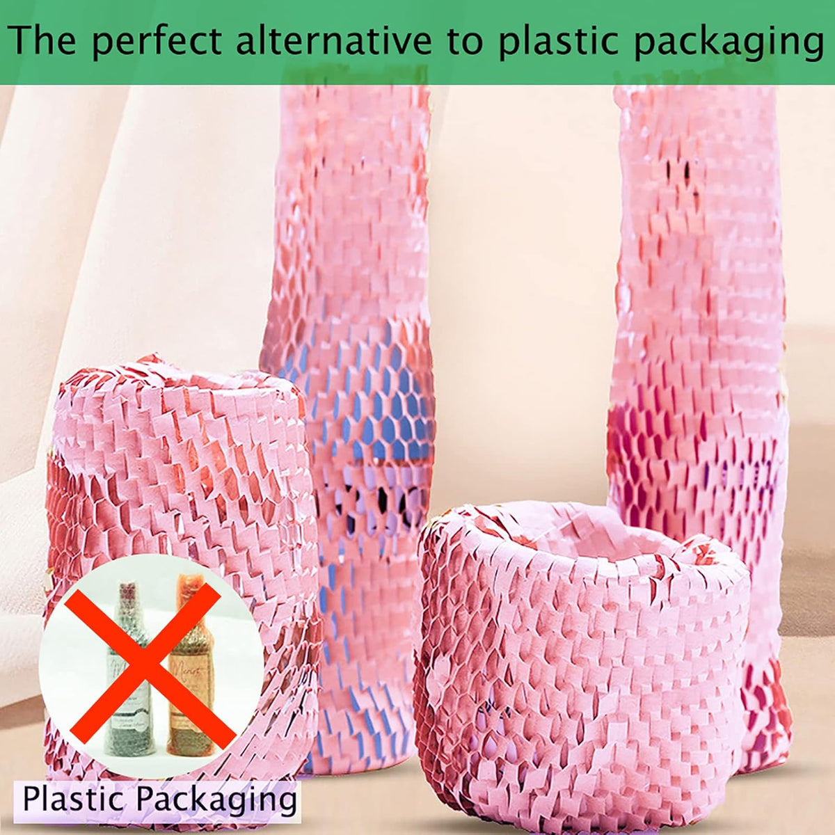 Pink Honeycomb Wrapping Paper Wrap 15"x131' Sustainable Alternative to Bubble Wrap for Moving/Transporting/Packaging Rolls with 20 Fragile Stickers Biodegradable and Fully Recyclable…