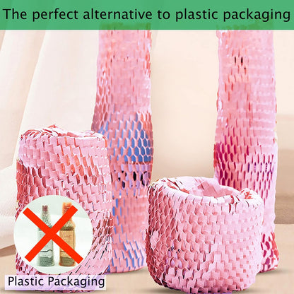 Pink Honeycomb Wrapping Paper Wrap 15"x131' Sustainable Alternative to Bubble Wrap for Moving/Transporting/Packaging Rolls with 20 Fragile Stickers Biodegradable and Fully Recyclable…