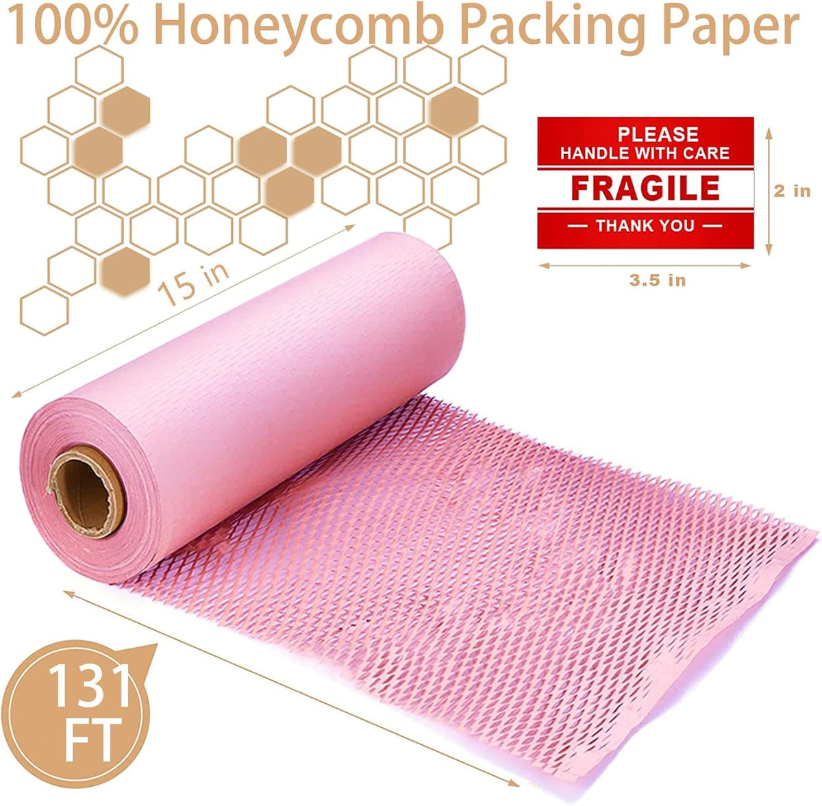 Pink Honeycomb Wrapping Paper Wrap 15"x131' Sustainable Alternative to Bubble Wrap for Moving/Transporting/Packaging Rolls with 20 Fragile Stickers Biodegradable and Fully Recyclable…