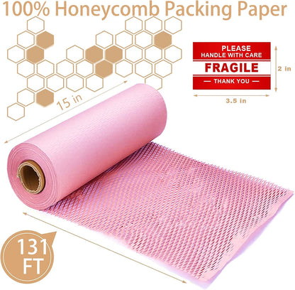 Pink Honeycomb Wrapping Paper Wrap 15"x131' Sustainable Alternative to Bubble Wrap for Moving/Transporting/Packaging Rolls with 20 Fragile Stickers Biodegradable and Fully Recyclable…