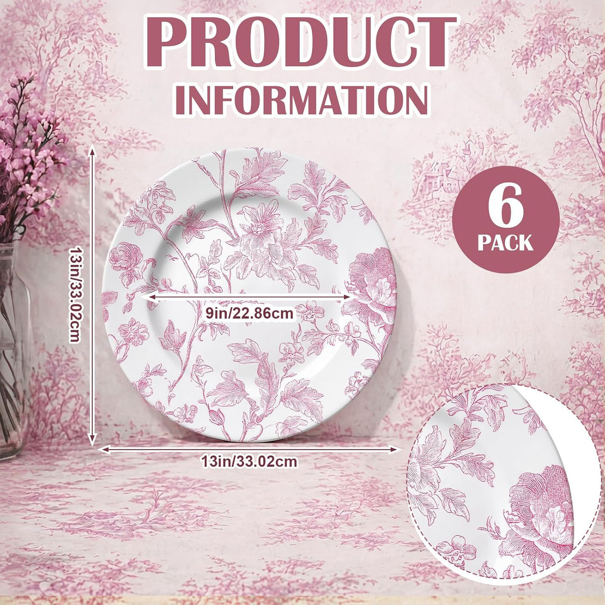 6 Pack 13inch Christmas Charger Plate Bluk Pink White French Toile