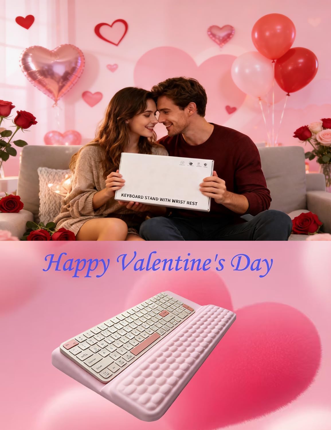 Ergonomic Keyboard Stand with Wrist Rest - Adjustable Tilt Keyboard Riser and Palm Support Pad, Non-Slip Desktop Computer Stand for Office Home Gift (Pink)