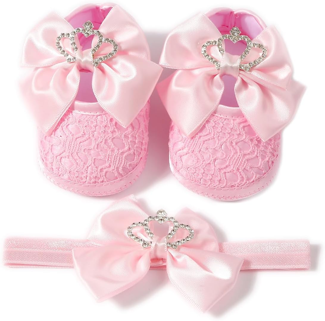 Newbron Baby Girls Mary Jane Shoes with Headband Soft Sole Anti-skidding Crown Bowknot Lace Princess Flats Infant Shower Wedding Dress Crib Shoes