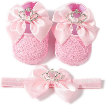 Newbron Baby Girls Mary Jane Shoes with Headband Soft Sole Anti-skidding Crown Bowknot Lace Princess Flats Infant Shower Wedding Dress Crib Shoes