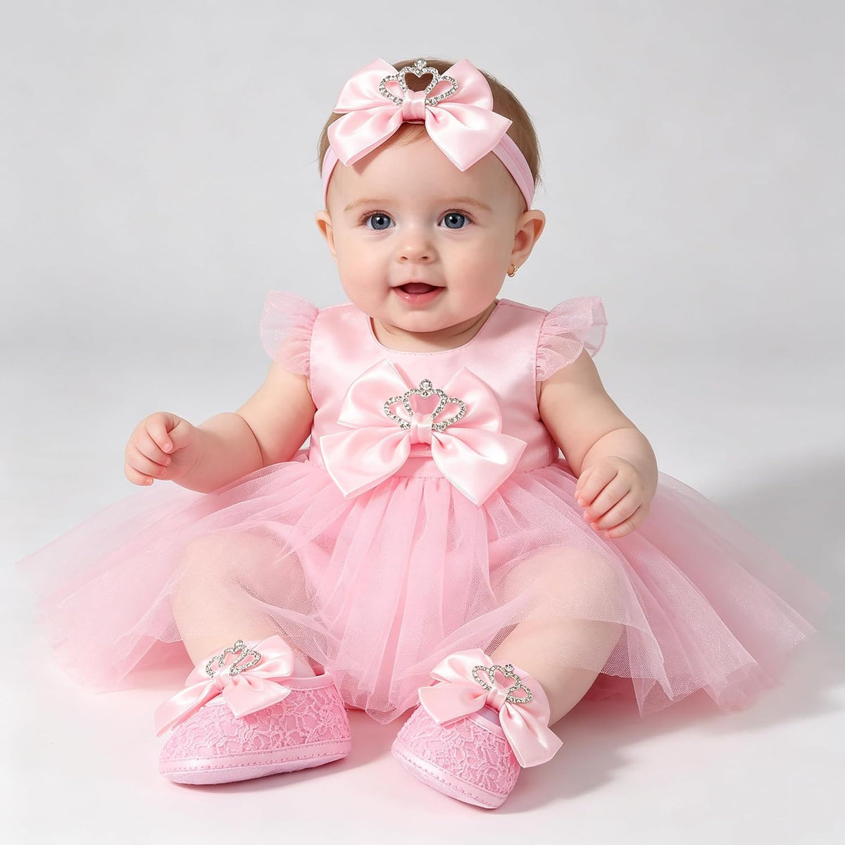 Newbron Baby Girls Mary Jane Shoes with Headband Soft Sole Anti-skidding Crown Bowknot Lace Princess Flats Infant Shower Wedding Dress Crib Shoes