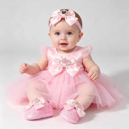 Newbron Baby Girls Mary Jane Shoes with Headband Soft Sole Anti-skidding Crown Bowknot Lace Princess Flats Infant Shower Wedding Dress Crib Shoes
