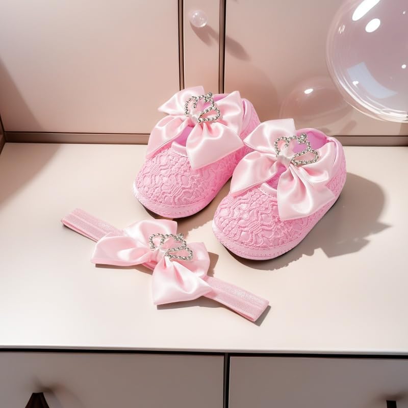 Newbron Baby Girls Mary Jane Shoes with Headband Soft Sole Anti-skidding Crown Bowknot Lace Princess Flats Infant Shower Wedding Dress Crib Shoes