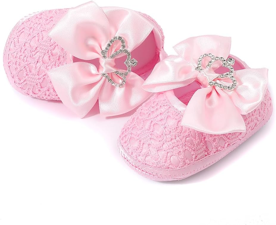 Newbron Baby Girls Mary Jane Shoes with Headband Soft Sole Anti-skidding Crown Bowknot Lace Princess Flats Infant Shower Wedding Dress Crib Shoes