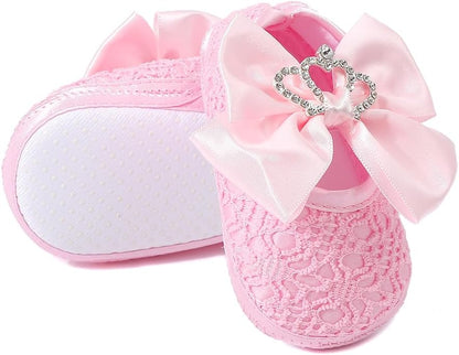 Newbron Baby Girls Mary Jane Shoes with Headband Soft Sole Anti-skidding Crown Bowknot Lace Princess Flats Infant Shower Wedding Dress Crib Shoes