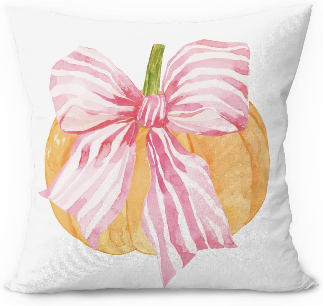 Fall Room Decor Aesthetic, Fall Pumpkin Pillow Cover 18x18, Coquette Pink Bow Pumpkin Autumn Decorative Throw Pillow Case for Girls Bedroom Home Drom Apartment
