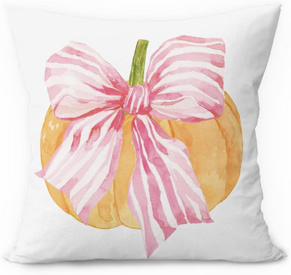 Fall Room Decor Aesthetic, Fall Pumpkin Pillow Cover 18x18, Coquette Pink Bow Pumpkin Autumn Decorative Throw Pillow Case for Girls Bedroom Home Drom Apartment