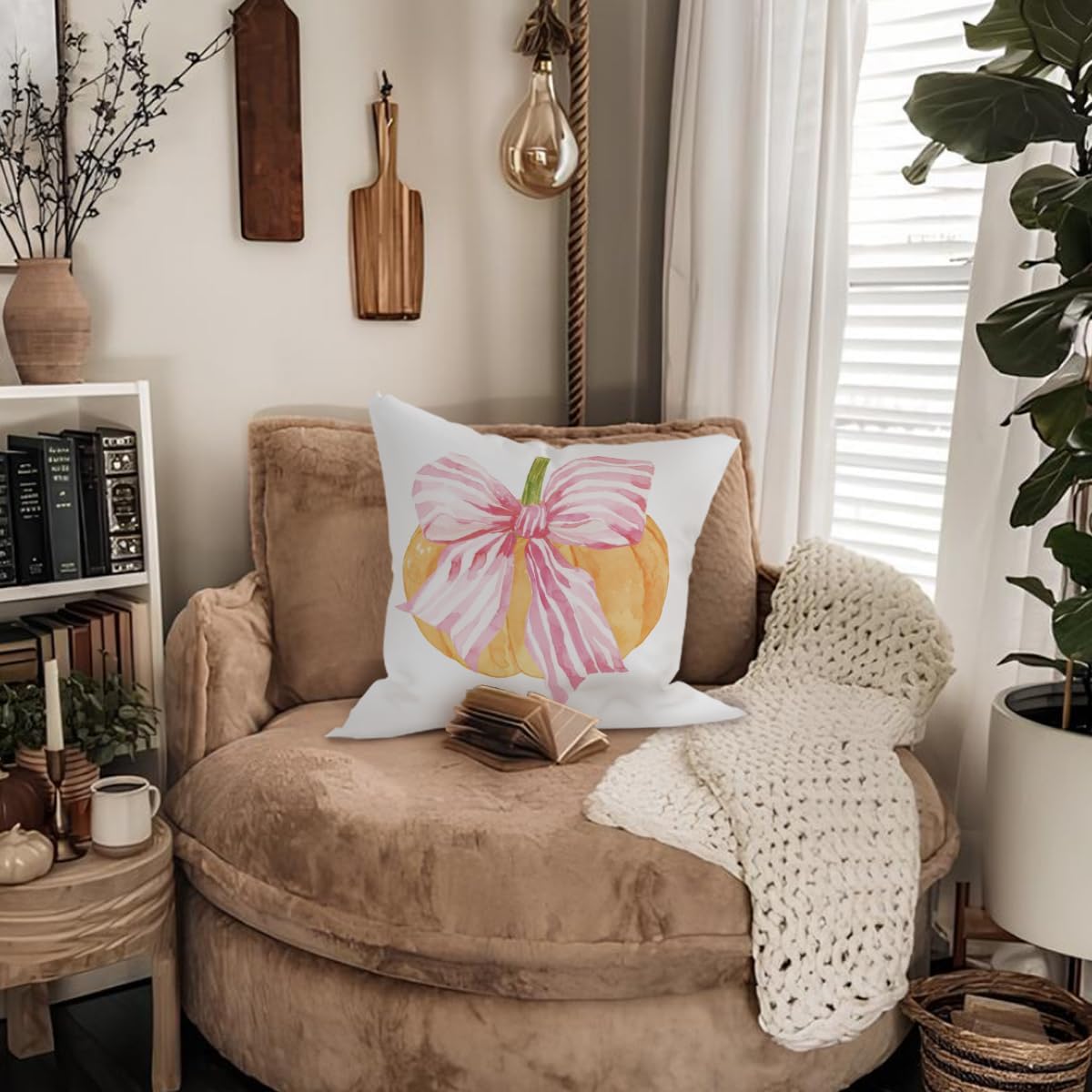 Fall Room Decor Aesthetic, Fall Pumpkin Pillow Cover 18x18, Coquette Pink Bow Pumpkin Autumn Decorative Throw Pillow Case for Girls Bedroom Home Drom Apartment