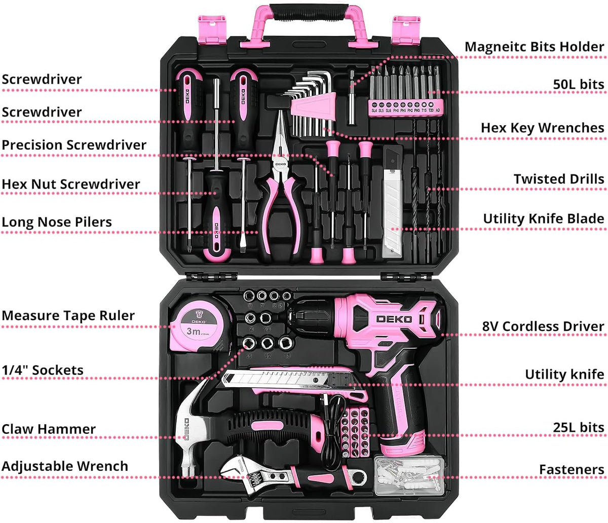 Drill Set, Home Tool Set with 8V Pink Cordless Drill, Hand Tool Kit for Women, 126 pcs