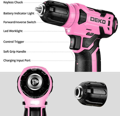 Drill Set, Home Tool Set with 8V Pink Cordless Drill, Hand Tool Kit for Women, 126 pcs
