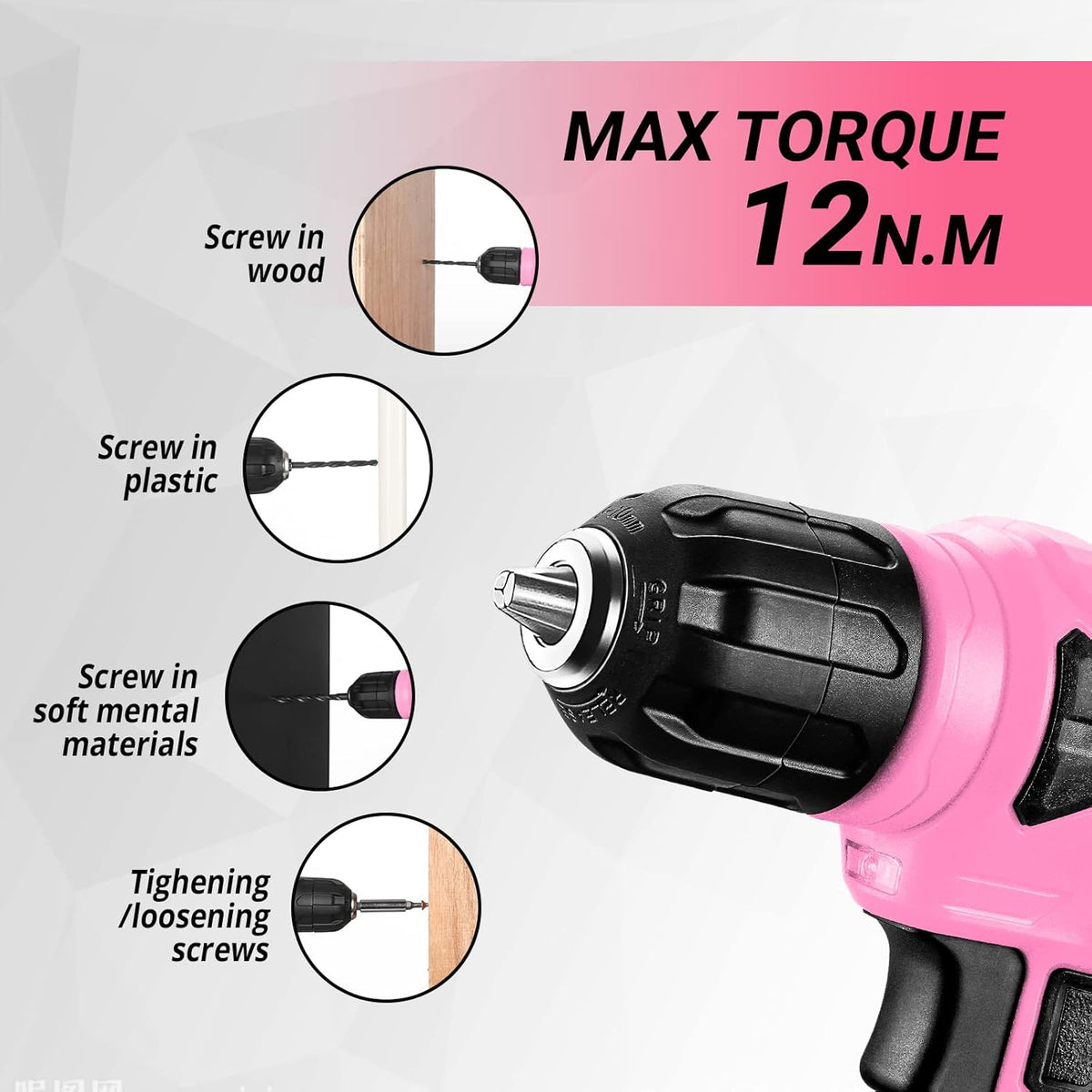 Drill Set, Home Tool Set with 8V Pink Cordless Drill, Hand Tool Kit for Women, 126 pcs