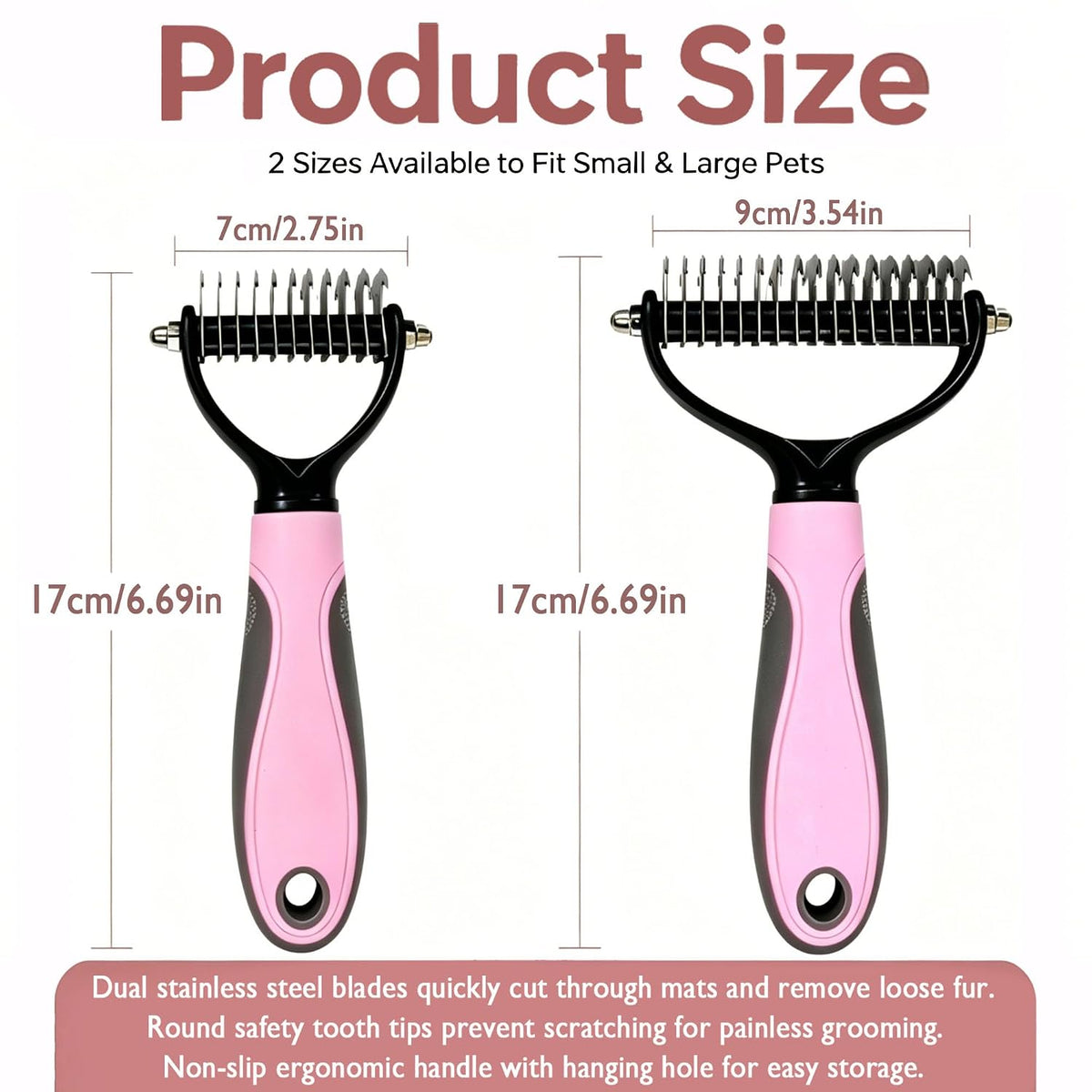 Pet Grooming Brush - Double-Sided Dematting Comb & Deshedding Tool for Dogs and Cats, Effortless Hair Removal, Ideal for Long-Haired Breeds, Reduce Shedding (1, Pink, Small)