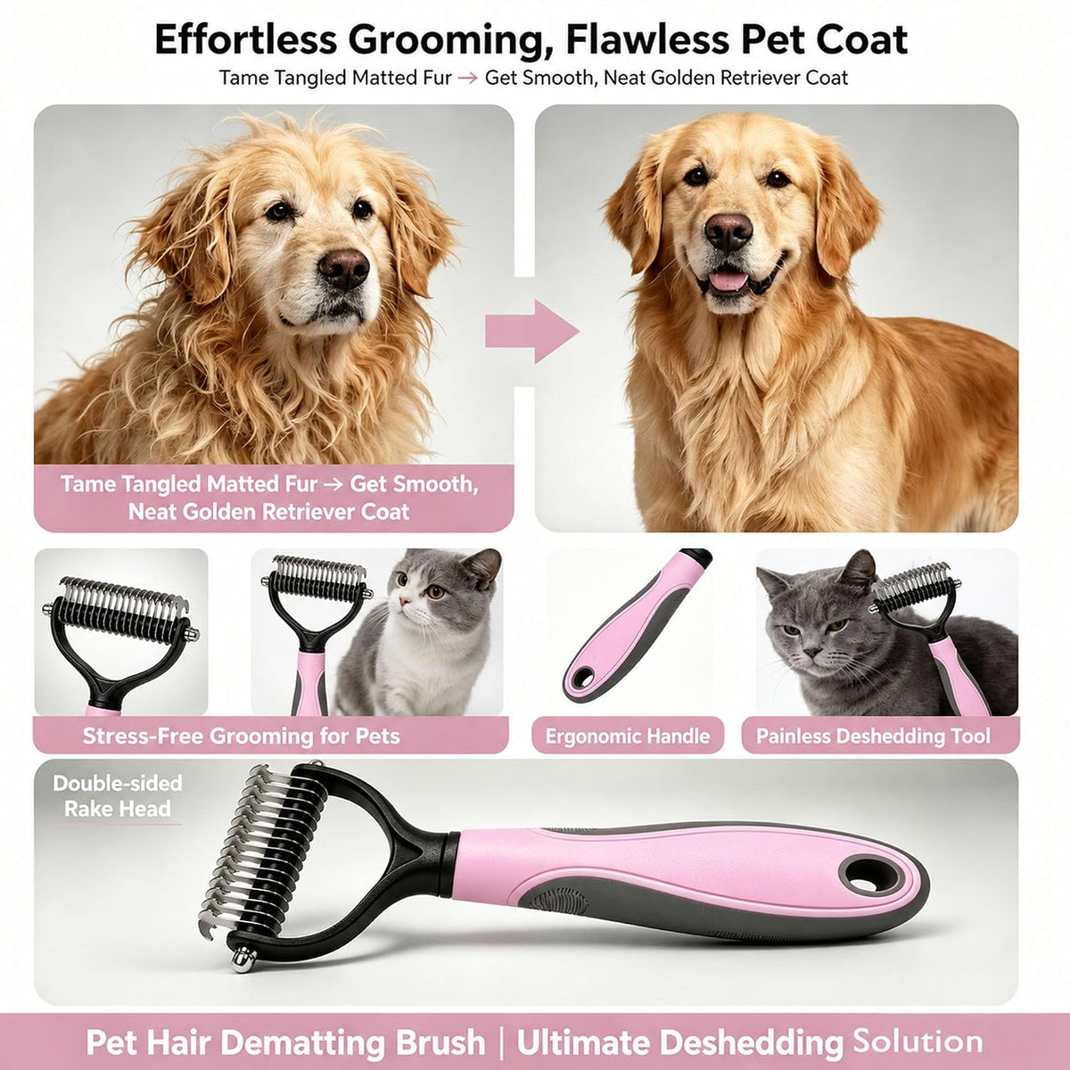 Pet Grooming Brush - Double-Sided Dematting Comb & Deshedding Tool for Dogs and Cats, Effortless Hair Removal, Ideal for Long-Haired Breeds, Reduce Shedding (1, Pink, Small)