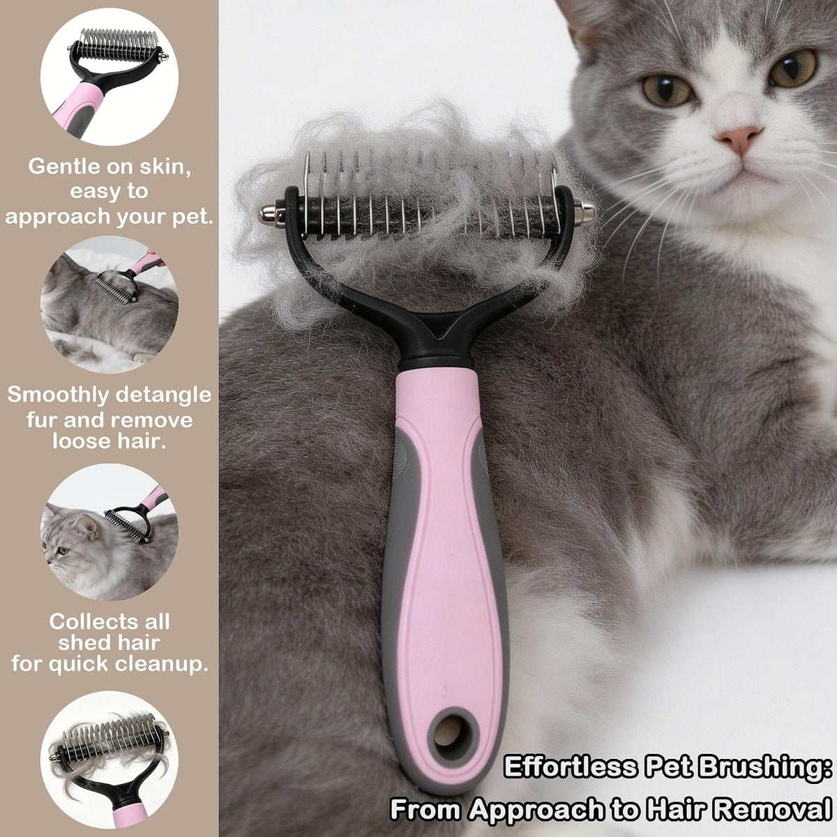 Pet Grooming Brush - Double-Sided Dematting Comb & Deshedding Tool for Dogs and Cats, Effortless Hair Removal, Ideal for Long-Haired Breeds, Reduce Shedding (1, Pink, Small)