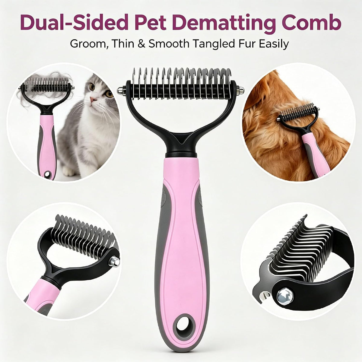 Pet Grooming Brush - Double-Sided Dematting Comb & Deshedding Tool for Dogs and Cats, Effortless Hair Removal, Ideal for Long-Haired Breeds, Reduce Shedding (1, Pink, Small)
