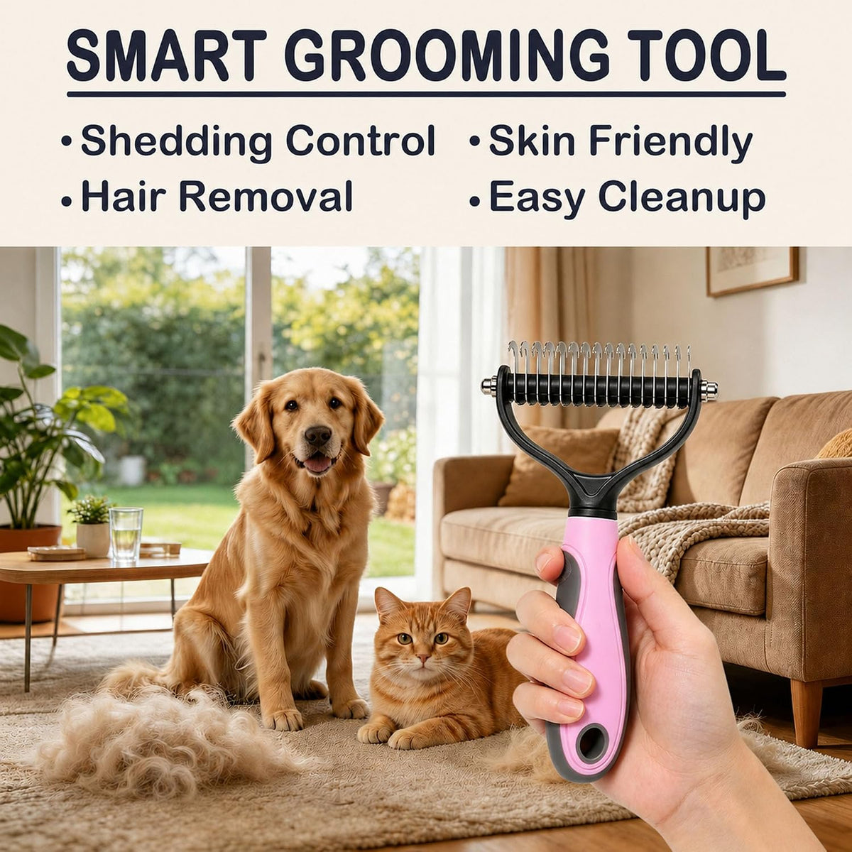 Pet Grooming Brush - Double-Sided Dematting Comb & Deshedding Tool for Dogs and Cats, Effortless Hair Removal, Ideal for Long-Haired Breeds, Reduce Shedding (1, Pink, Small)
