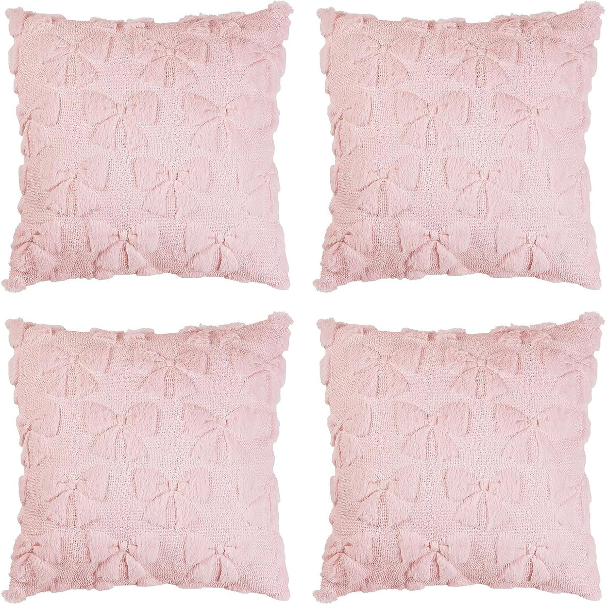 Bow Pillow Covers Set of 4, Coquette Room Decor Preppy Pink Soft Faux Fur Plush Throw Pillow Cases with Bowknot, 18x18 Inch Aesthetic Fluffy Couch Covers for Large Couch Sofa Home Decorations