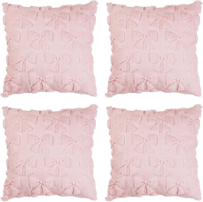Bow Pillow Covers Set of 4, Coquette Room Decor Preppy Pink Soft Faux Fur Plush Throw Pillow Cases with Bowknot, 18x18 Inch Aesthetic Fluffy Couch Covers for Large Couch Sofa Home Decorations