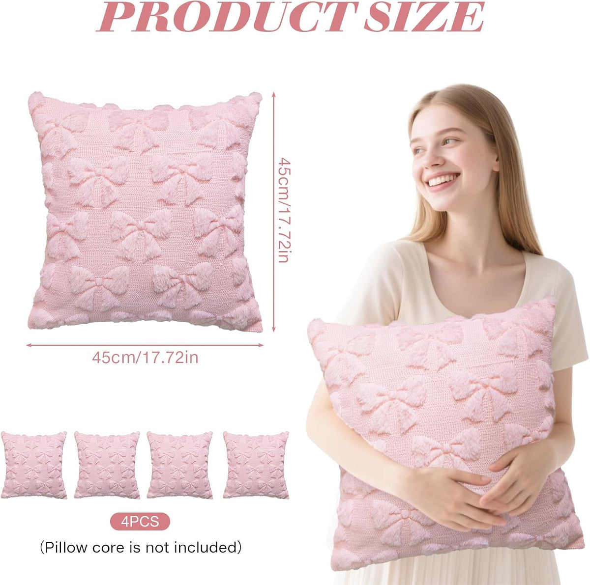 Bow Pillow Covers Set of 4, Coquette Room Decor Preppy Pink Soft Faux Fur Plush Throw Pillow Cases with Bowknot, 18x18 Inch Aesthetic Fluffy Couch Covers for Large Couch Sofa Home Decorations