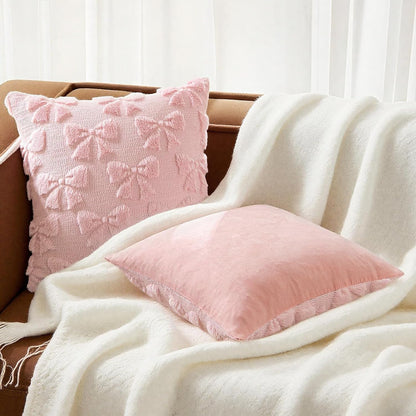 Bow Pillow Covers Set of 4, Coquette Room Decor Preppy Pink Soft Faux Fur Plush Throw Pillow Cases with Bowknot, 18x18 Inch Aesthetic Fluffy Couch Covers for Large Couch Sofa Home Decorations