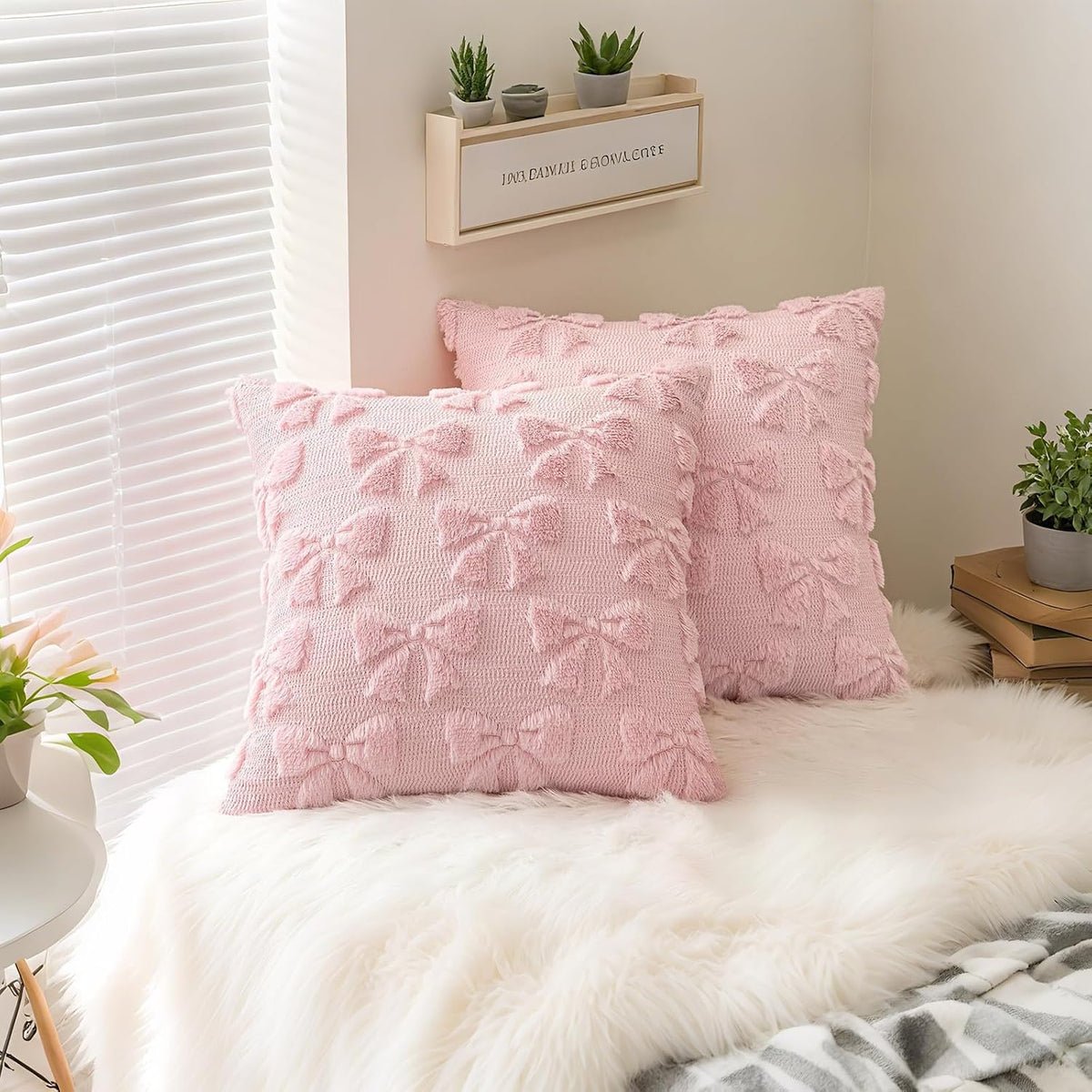 Bow Pillow Covers Set of 4, Coquette Room Decor Preppy Pink Soft Faux Fur Plush Throw Pillow Cases with Bowknot, 18x18 Inch Aesthetic Fluffy Couch Covers for Large Couch Sofa Home Decorations