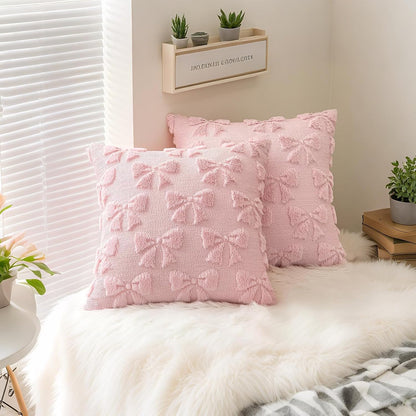 Bow Pillow Covers Set of 4, Coquette Room Decor Preppy Pink Soft Faux Fur Plush Throw Pillow Cases with Bowknot, 18x18 Inch Aesthetic Fluffy Couch Covers for Large Couch Sofa Home Decorations