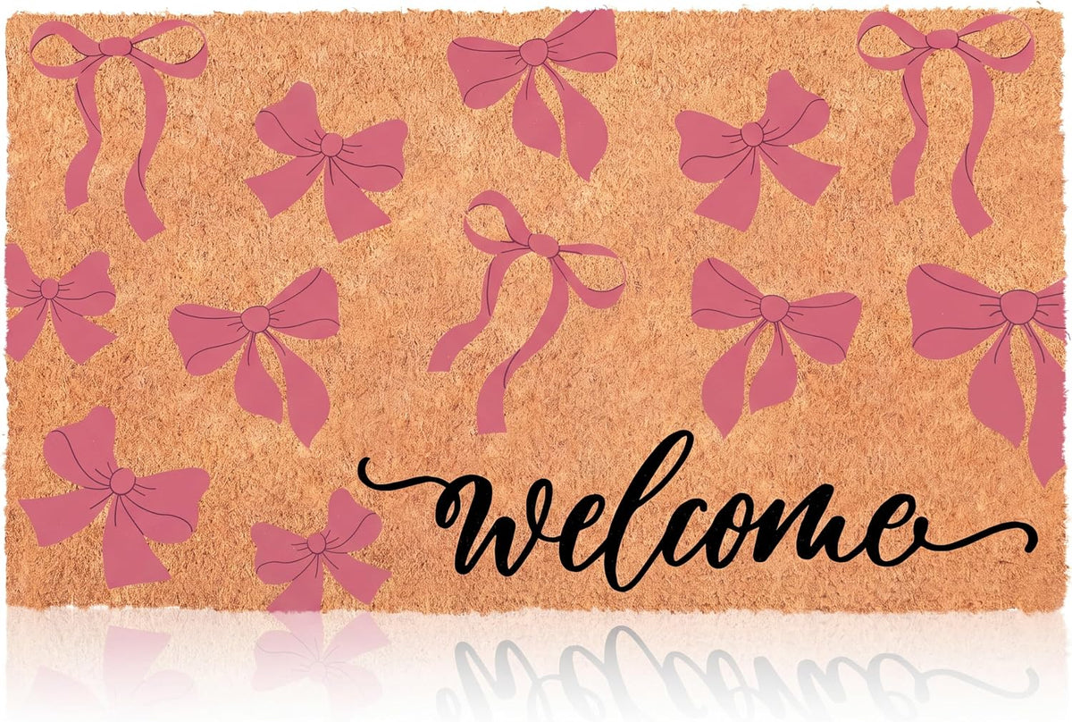 Pink Bow Nature Coir Doormat 17x29 Inch Bow Welcome Rugs Spring Coir Kitchen Mats Decorative Front Porch Rug Non Slip Entrance Door Mat for Spring Home Decoration Supplies