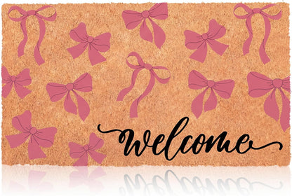 Pink Bow Nature Coir Doormat 17x29 Inch Bow Welcome Rugs Spring Coir Kitchen Mats Decorative Front Porch Rug Non Slip Entrance Door Mat for Spring Home Decoration Supplies