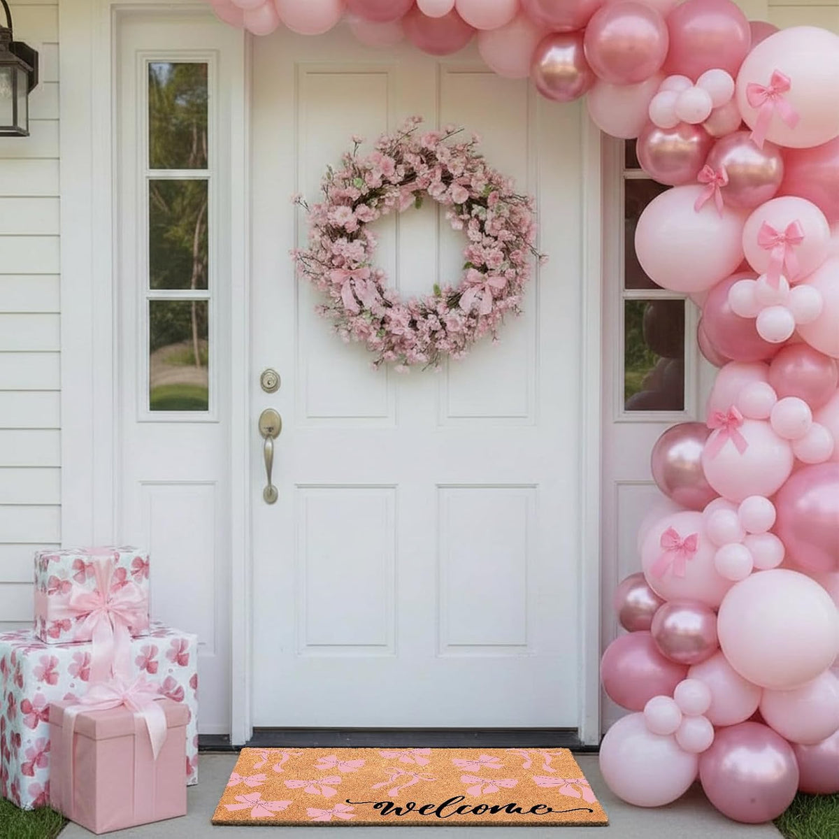 Pink Bow Nature Coir Doormat 17x29 Inch Bow Welcome Rugs Spring Coir Kitchen Mats Decorative Front Porch Rug Non Slip Entrance Door Mat for Spring Home Decoration Supplies
