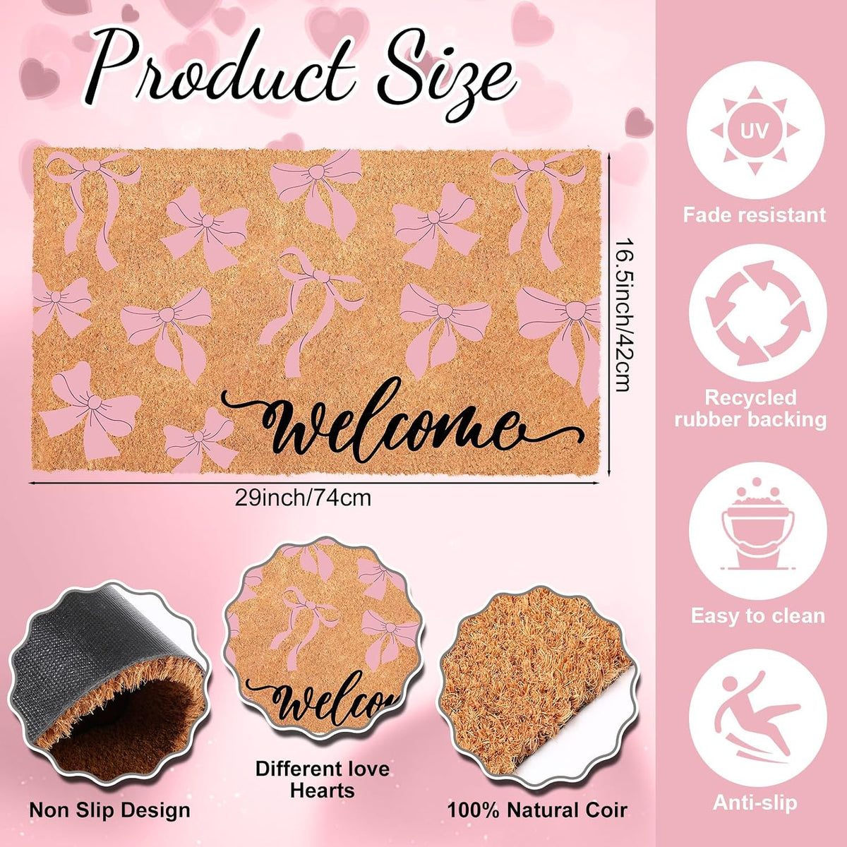 Pink Bow Nature Coir Doormat 17x29 Inch Bow Welcome Rugs Spring Coir Kitchen Mats Decorative Front Porch Rug Non Slip Entrance Door Mat for Spring Home Decoration Supplies