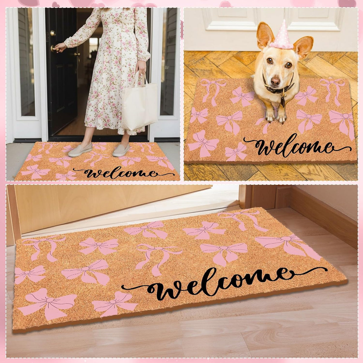 Pink Bow Nature Coir Doormat 17x29 Inch Bow Welcome Rugs Spring Coir Kitchen Mats Decorative Front Porch Rug Non Slip Entrance Door Mat for Spring Home Decoration Supplies