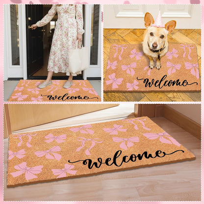 Pink Bow Nature Coir Doormat 17x29 Inch Bow Welcome Rugs Spring Coir Kitchen Mats Decorative Front Porch Rug Non Slip Entrance Door Mat for Spring Home Decoration Supplies