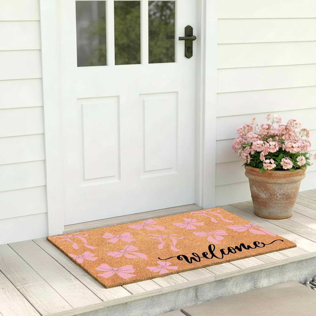 Pink Bow Nature Coir Doormat 17x29 Inch Bow Welcome Rugs Spring Coir Kitchen Mats Decorative Front Porch Rug Non Slip Entrance Door Mat for Spring Home Decoration Supplies