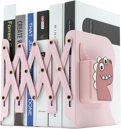 Adjustable Book Ends for Heavy Books, Cute Metal Heavy Duty Bookends for Shelves, Book Organizer for Kids Desk (Pink)