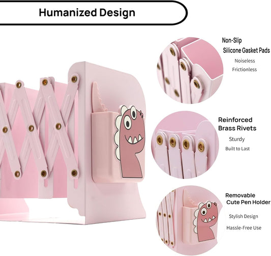 Adjustable Book Ends for Heavy Books, Cute Metal Heavy Duty Bookends for Shelves, Book Organizer for Kids Desk (Pink)