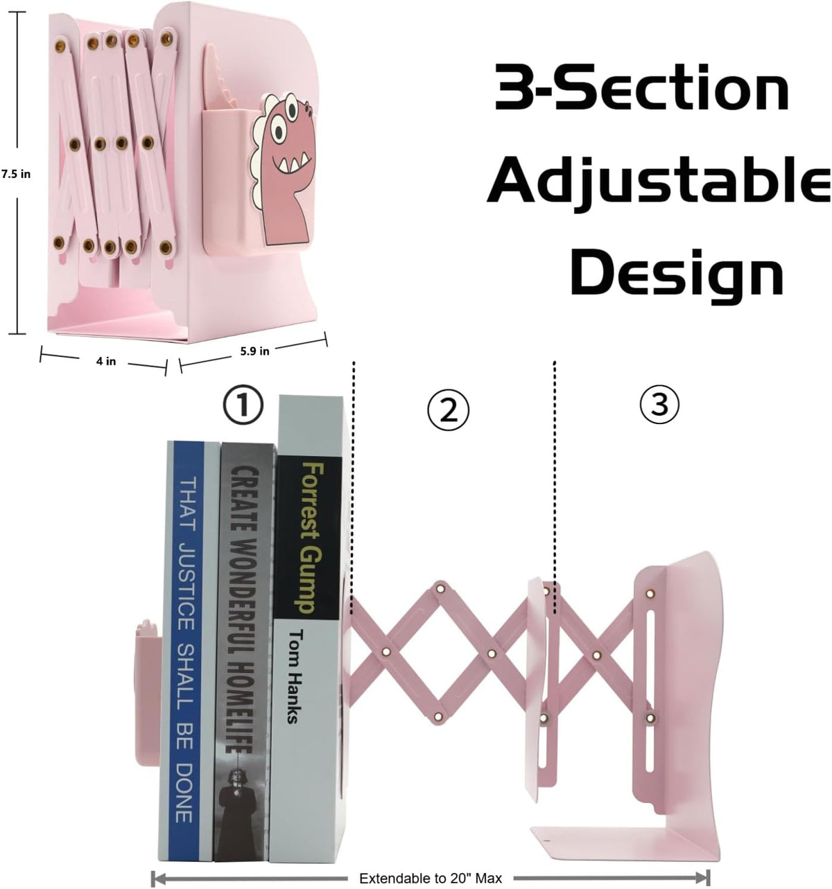 Adjustable Book Ends for Heavy Books, Cute Metal Heavy Duty Bookends for Shelves, Book Organizer for Kids Desk (Pink)