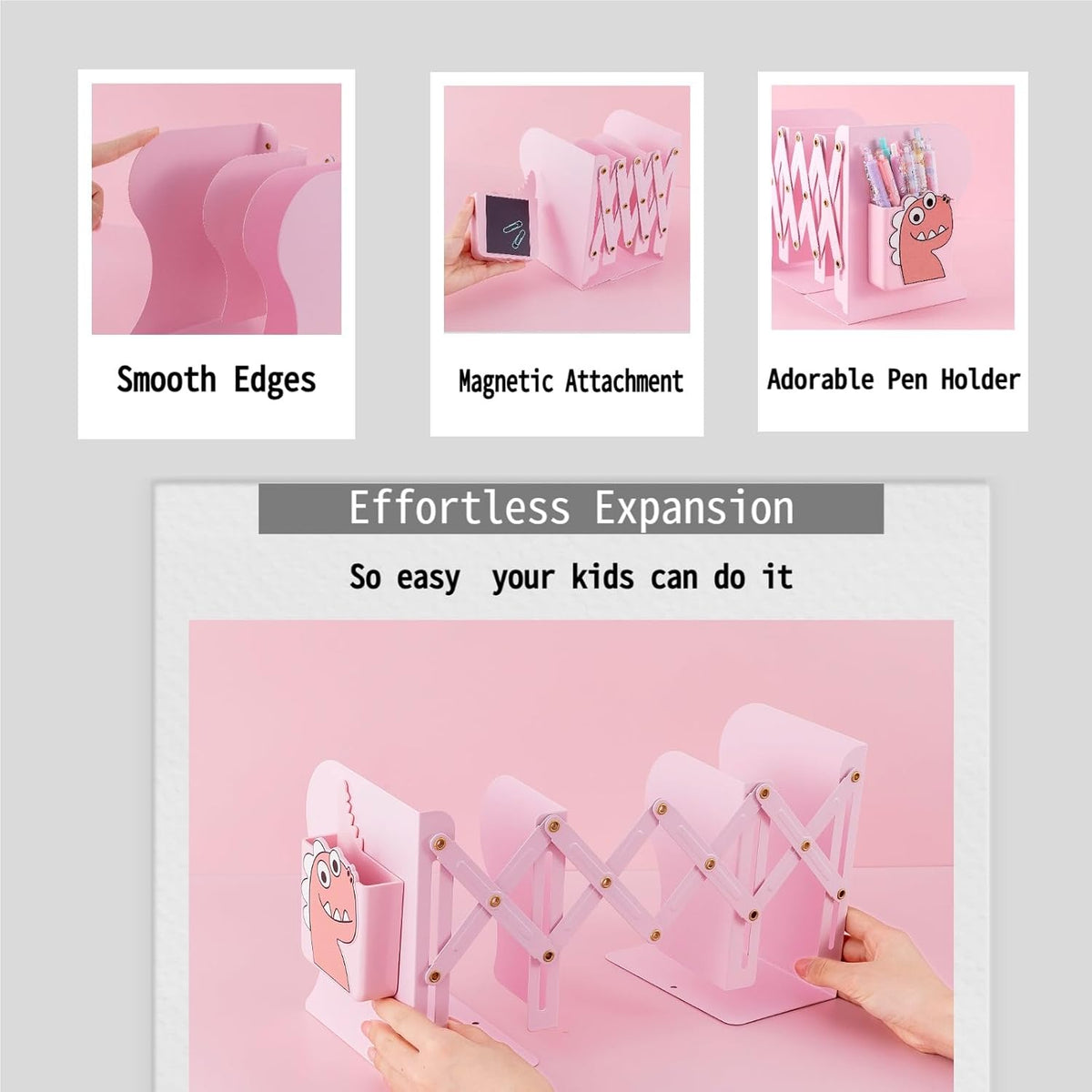Adjustable Book Ends for Heavy Books, Cute Metal Heavy Duty Bookends for Shelves, Book Organizer for Kids Desk (Pink)