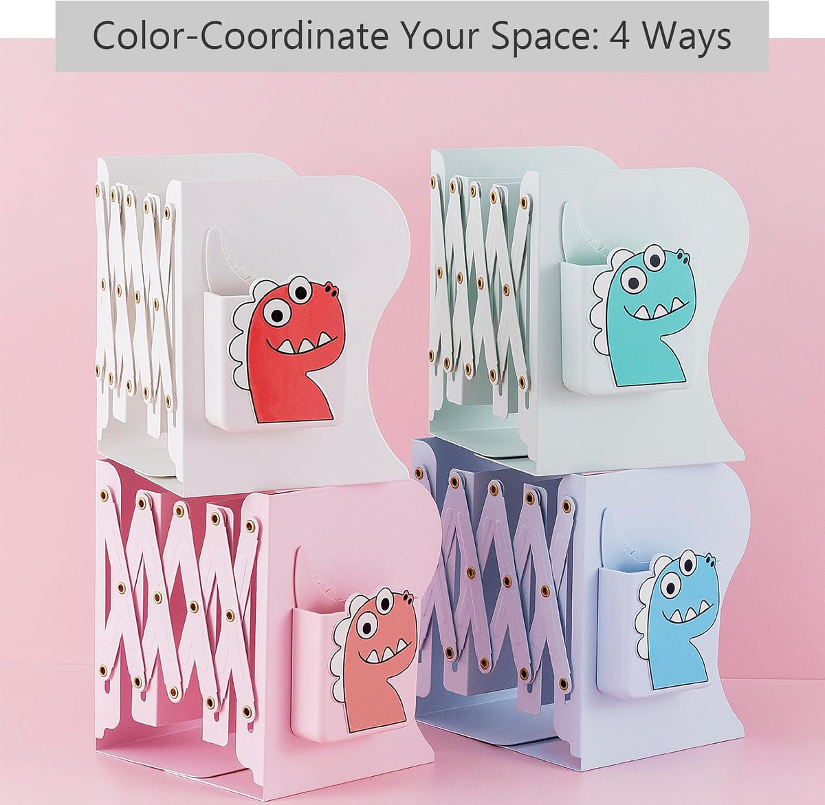 Adjustable Book Ends for Heavy Books, Cute Metal Heavy Duty Bookends for Shelves, Book Organizer for Kids Desk (Pink)