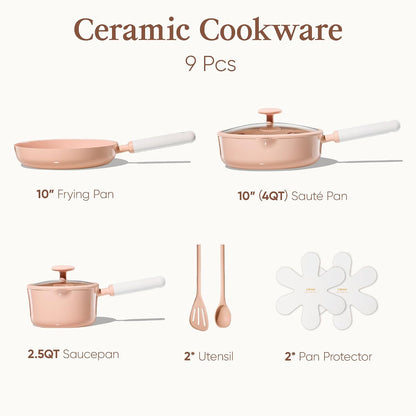 Ceramic Cookware Set Nonstick, 9pcs Pots and Pans Set Non stick, Non-Toxic & PFAS-Free,Dishwasher, RV/Camping Cookware Set,Sauce Pan with Lid, Pink