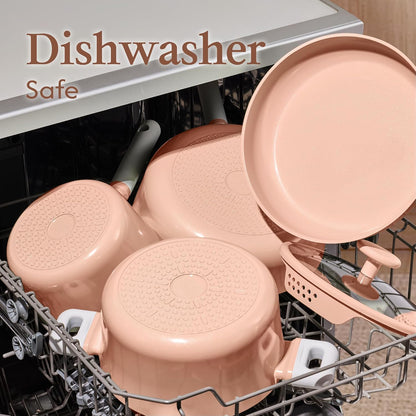 Ceramic Cookware Set Nonstick, 9pcs Pots and Pans Set Non stick, Non-Toxic & PFAS-Free,Dishwasher, RV/Camping Cookware Set,Sauce Pan with Lid, Pink