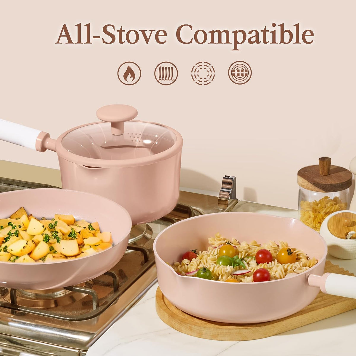 Ceramic Cookware Set Nonstick, 9pcs Pots and Pans Set Non stick, Non-Toxic & PFAS-Free,Dishwasher, RV/Camping Cookware Set,Sauce Pan with Lid, Pink