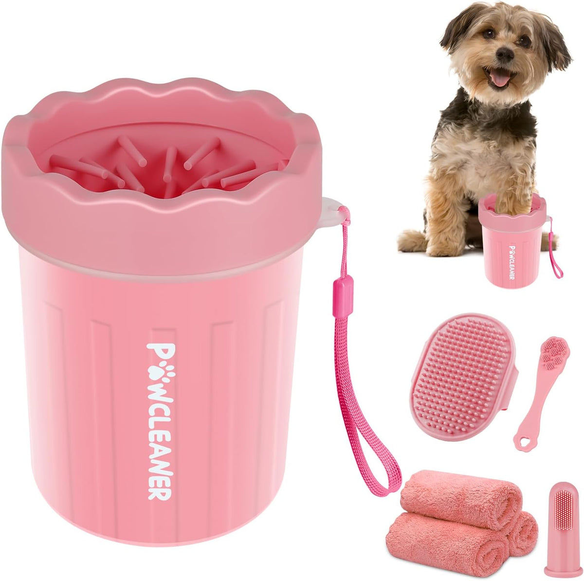 Professional 7 in 1 Dog Paw Cleaner for Dogs & Cats - Includes 1 Portable Paw Washer, 1 Bath Brush, 2 Dog Toothbrushes and 3 Absorbent Towels Note: Fits Paws up to 2 Inches Wide (Small, Light Pink)